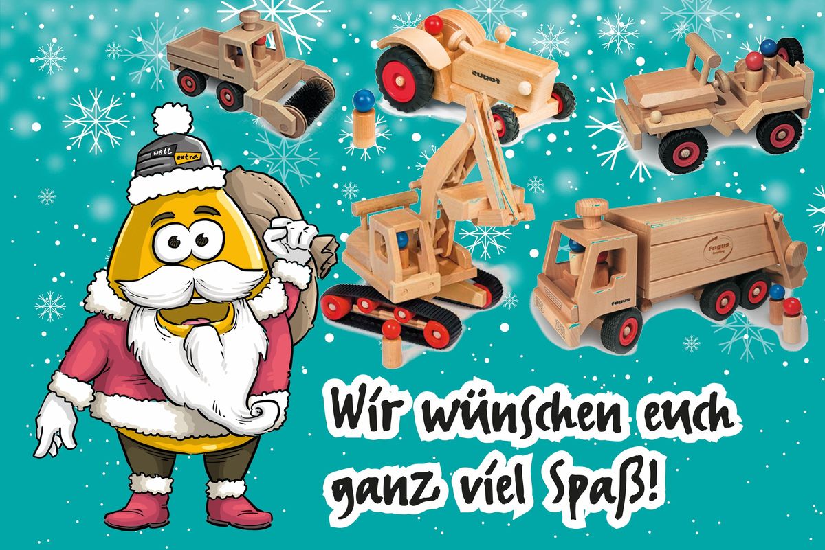 Spendenaktion Weihnachten 2019 Maskottchen Willi mit Fagus-Spielzeug