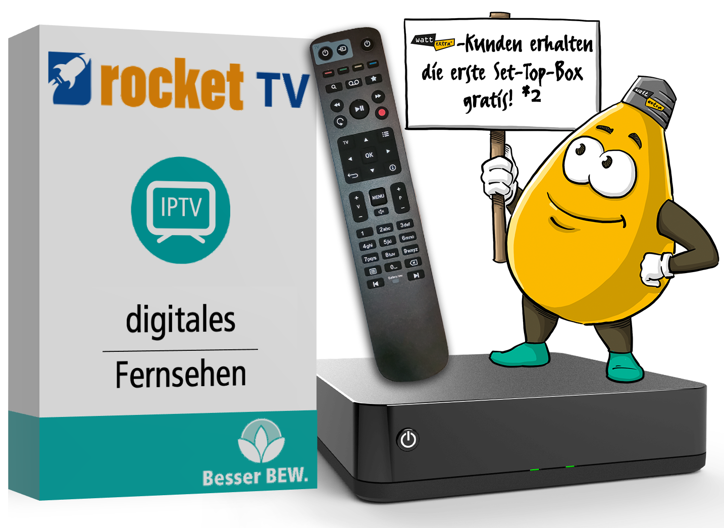 RocketTV Set-Top-Box mit Hinweis auf Leihgerät